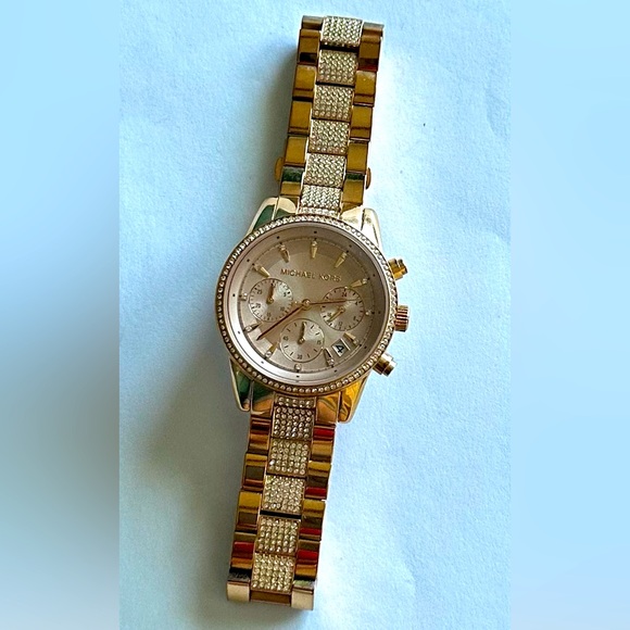 Michael Kors Ritz Pave Rose Gold-Tone Chronograph Watch - Picture 1 of 14